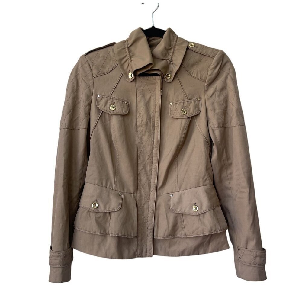 White House Black Market Jacket Size 2 Military Peplum Blazer Ruffle Tan Cropped